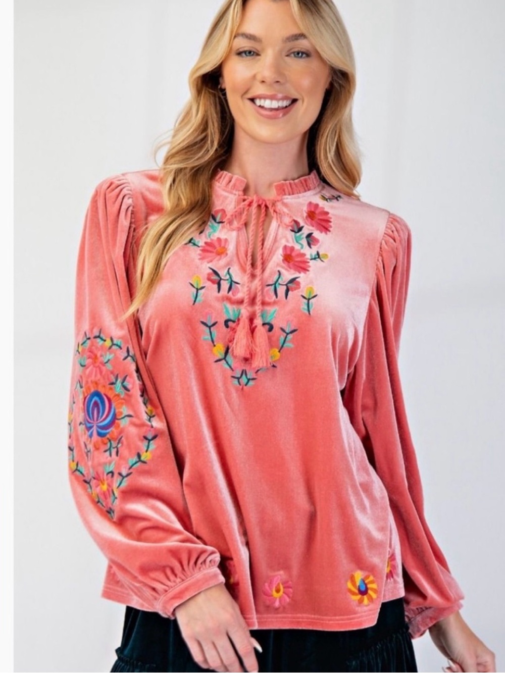 easel Coral Pink Velvet Embroidered Peasant Tunic